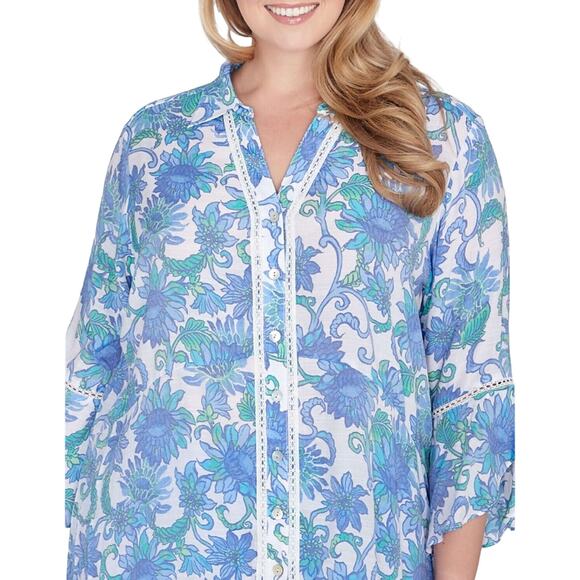 Ruby Rd. Plus Women's Bali Floral Top in Bali Blue Size 2X - Picture 3 of 6